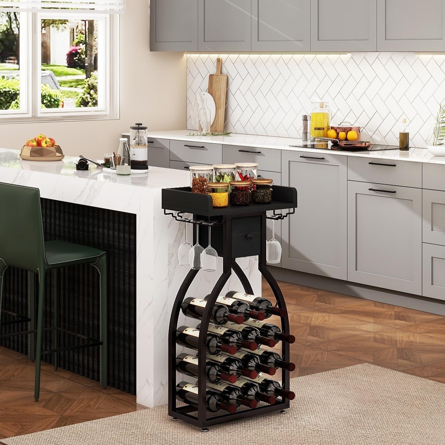 Freestanding Wine Rack 15 Bottle Storage with Glass Holder & Drawer Home Bar