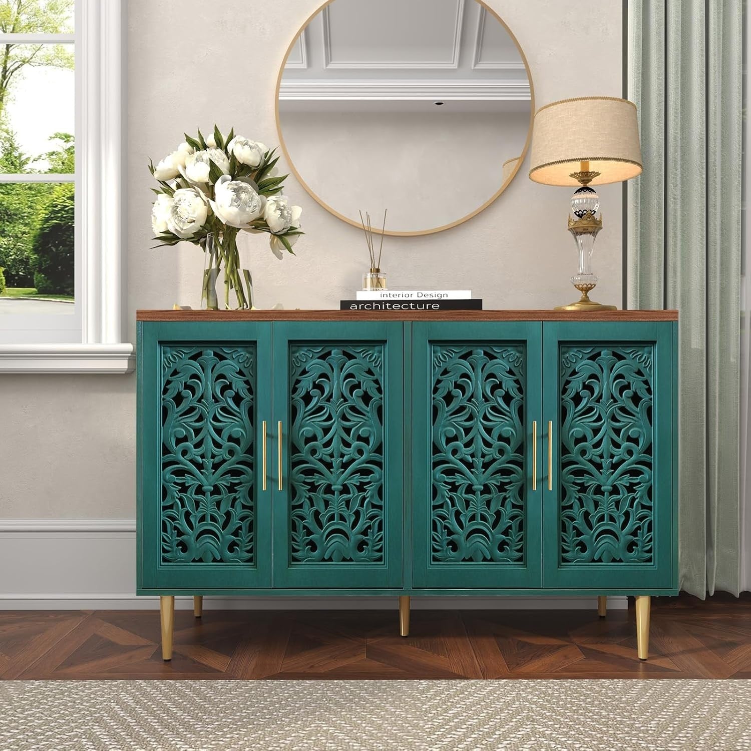 Vintage Green Sideboard Cabinet 4 Doors Hollow Carved Buffet Storage Unit
