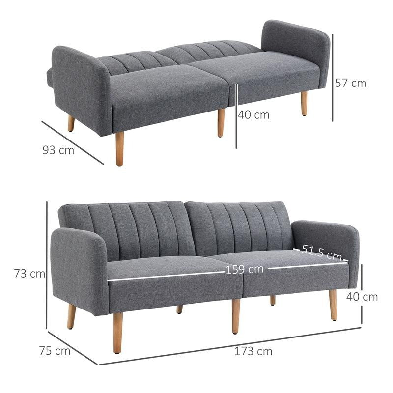 2 Seater Sofa Bed Grey Click Clack Couch w/ Split Backrest Guest Sleeper