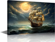 Old Sailing Ship Canvas Wall Art Moonlit Sea Living Room Bedroom Decor 24x16