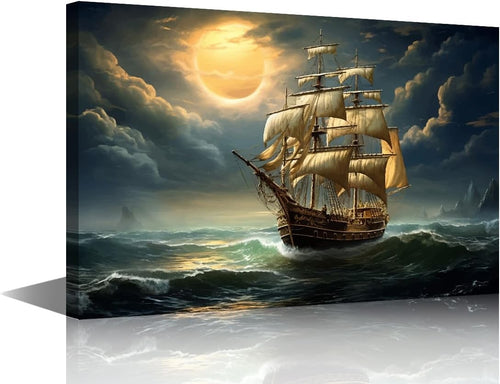 Old Sailing Ship Canvas Wall Art Moonlit Sea Living Room Bedroom Decor 24x16