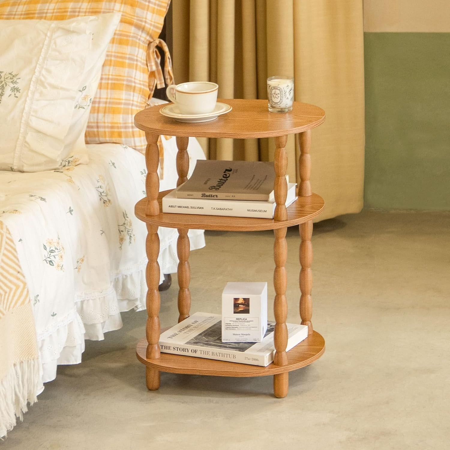3-Tier Oval Side Table Brown, Compact Modern End Table with Storage Shelves