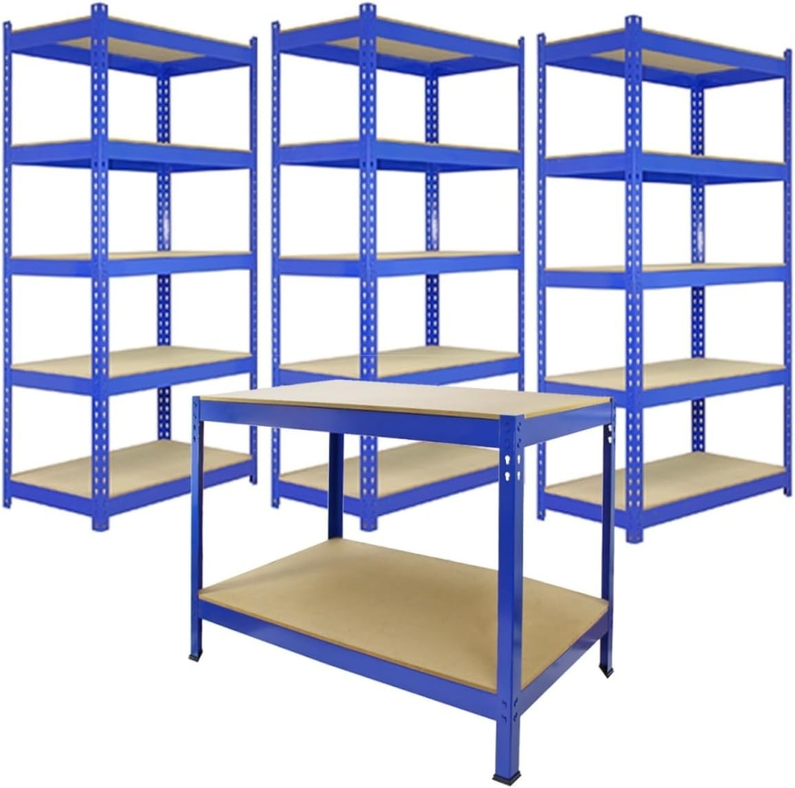 3 Q-Rax Blue Shelving Units + 120cm Workbench Heavy Duty 200kg Shelves