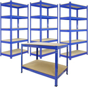 3 Q-Rax Blue Shelving Units + 120cm Workbench Heavy Duty 200kg Shelves