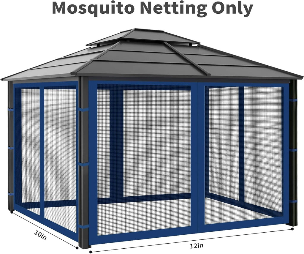 10x12ft Navy Blue Gazebo Mosquito Netting 4 Panels Zipper Sidewalls Outdoor