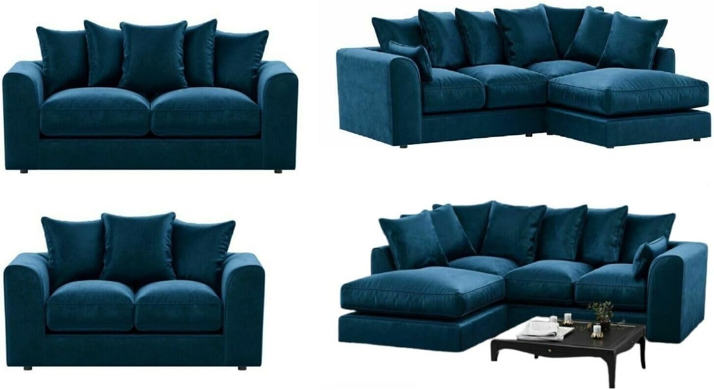 Royal Blue Plush Fabric Right Hand Corner Sofa 3 2 Seater with Swivel