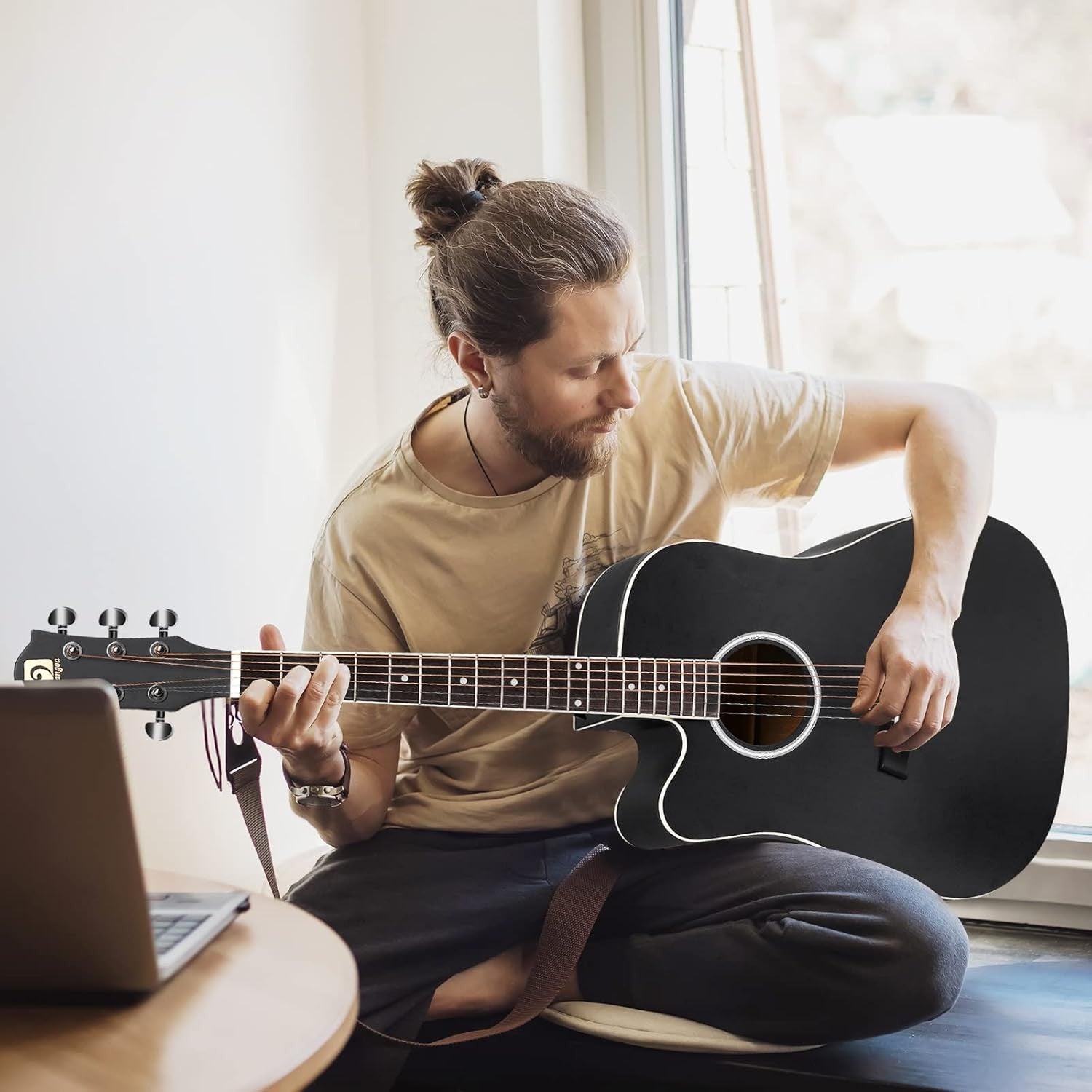Left Handed Acoustic Guitar 4/4 Full Size Beginner Kit Black