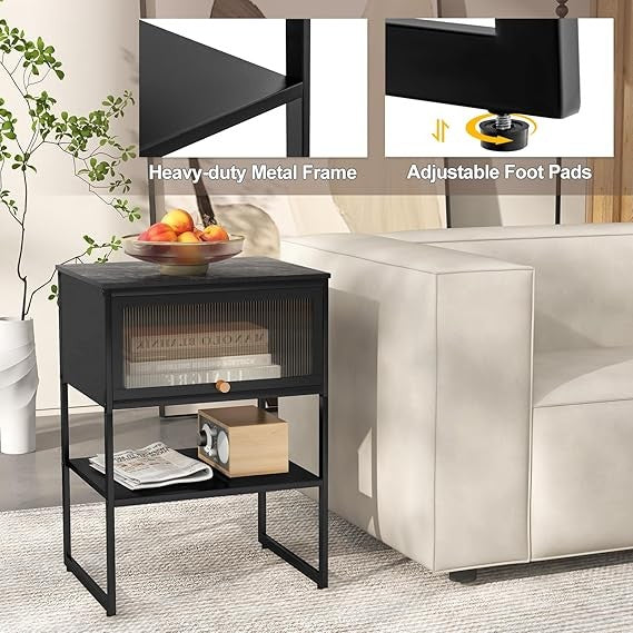 Modern Black Bedside Table with Flip-Up Door & Storage Shelf | Metal Frame