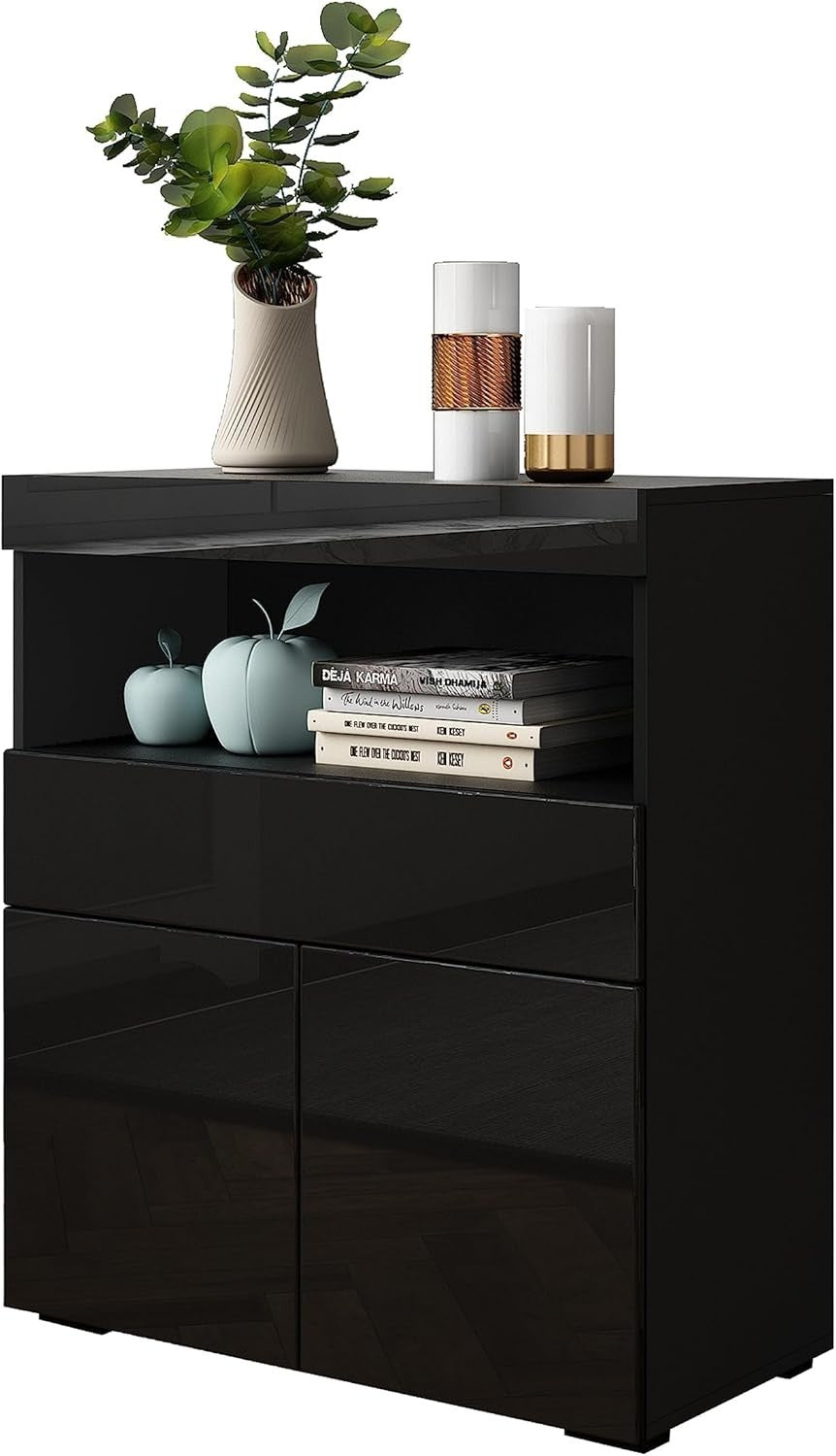 Black High Gloss Sideboard Cabinet with LED Lights, Storage & Lockable Doors