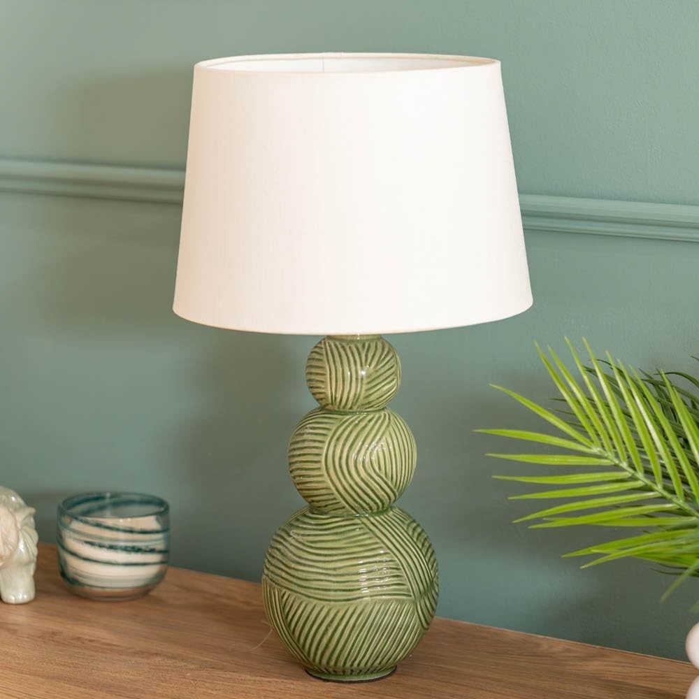 Green Ceramic Table Lamp Stacked Ball Base White Tapered Shade Modern