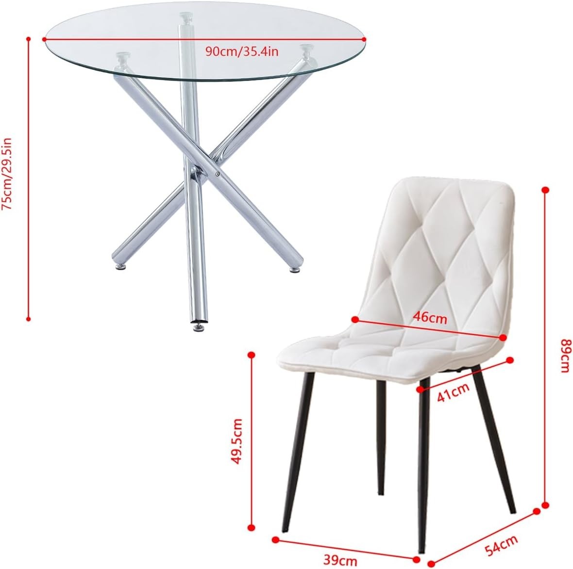 Round Glass Dining Table Set 2 Seater 90cm Velvet White Kitchen
