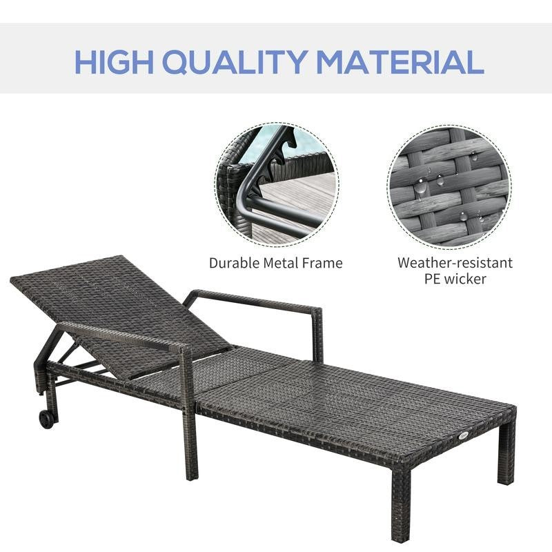Rattan Outdoor Recliner Sun Lounger Chair Wheels 5-Level Backrest Patio