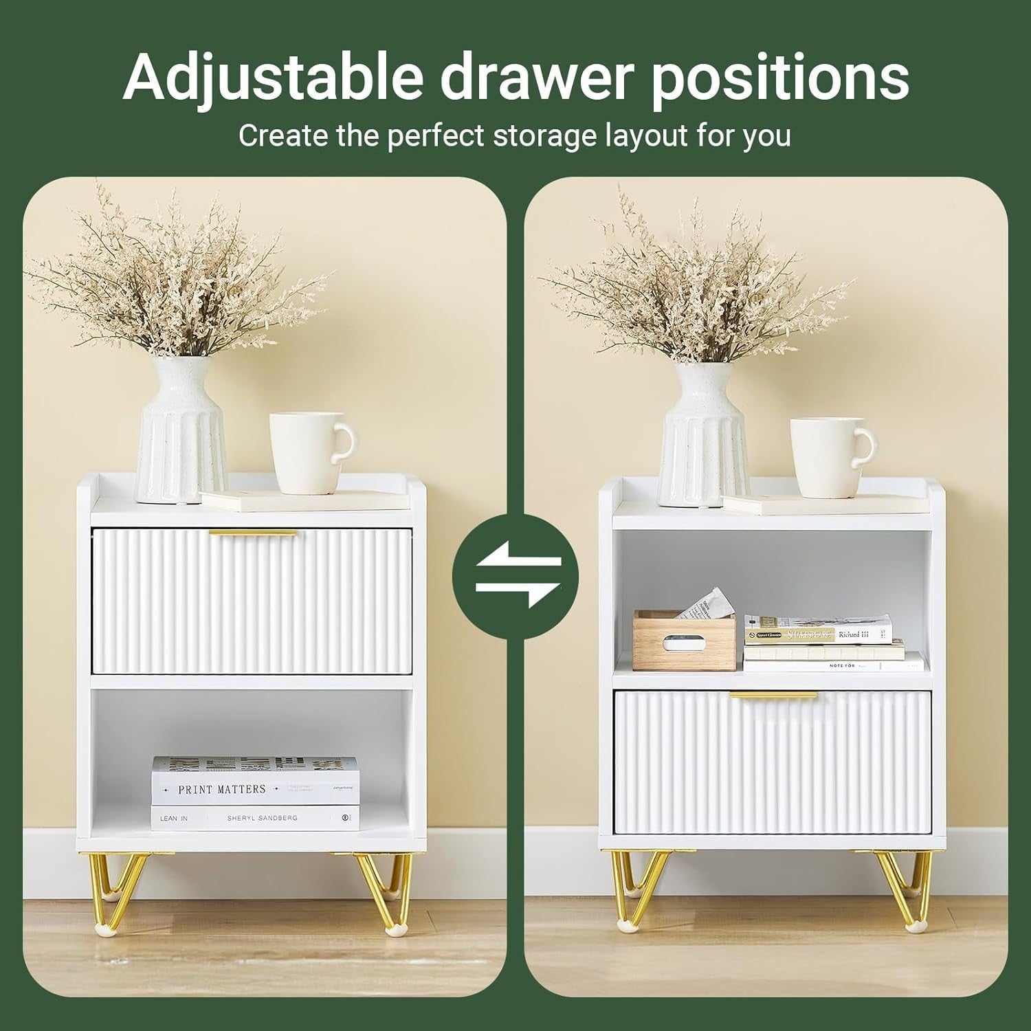 White Bedside Table with Drawer & Shelf – Modern Gold Leg Nightstand