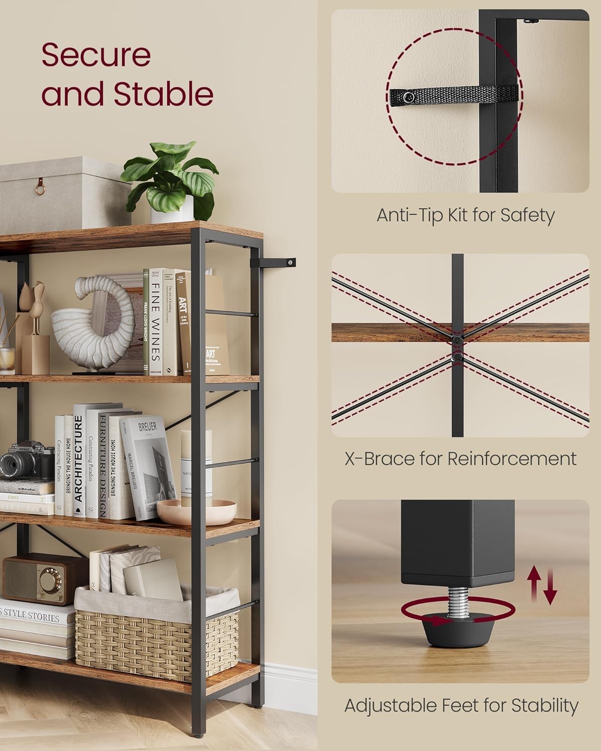 Industrial 4-Tier Wide Bookcase | Large Rustic Storage Shelf Room Divider 120cm