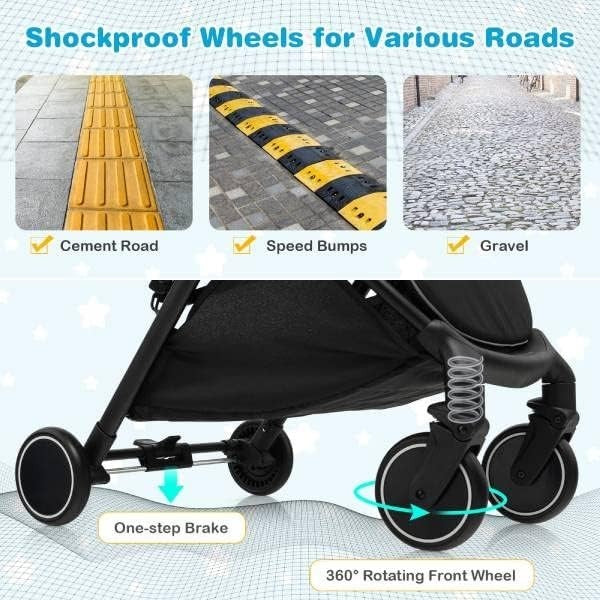 Black Baby Stroller One Hand Fold Lightweight Travel Buggy 5 Point