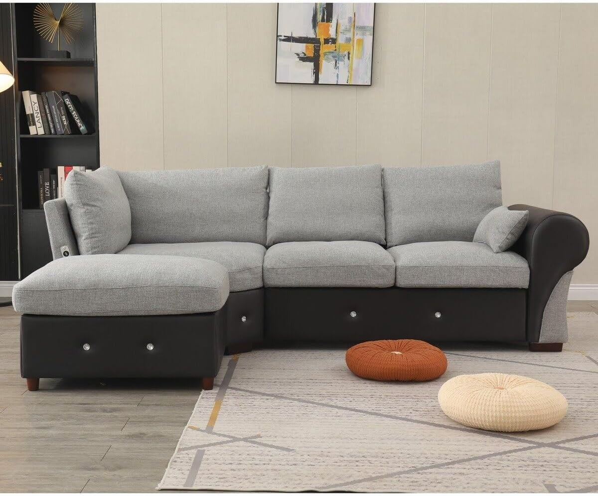 4 Seater L-Shaped Corner Sofa with USB Port Chaise – Linen Fabric, Modern