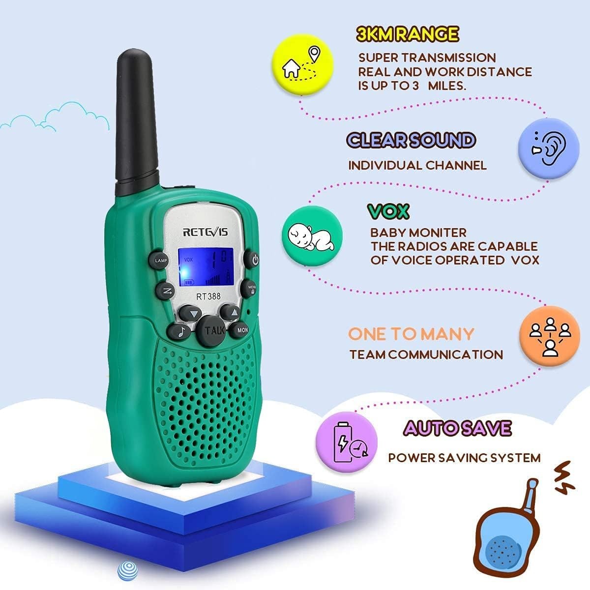 Kids Walkie Talkies 8 Channel VOX Flashlight Toy Gift 2 Piece Green