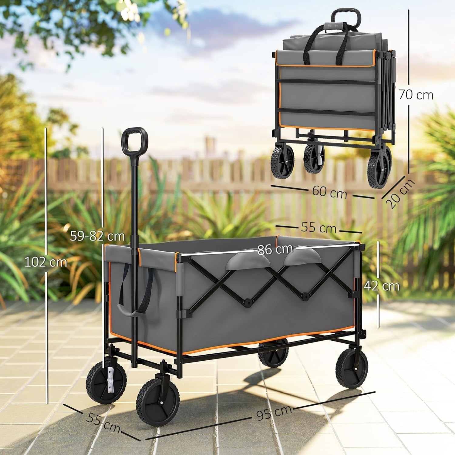 160L Folding Festival Trolley 100kg Heavy Duty Wagon w/ Tailgate – Grey/Orange