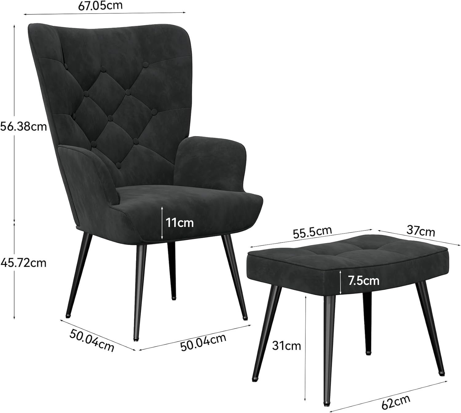 Black Velvet Wingback Chair w/ Footstool Gold Legs Accent Lounge Seat