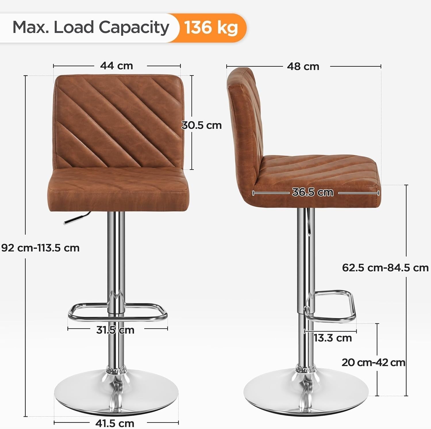 Retro Brown Adjustable Swivel Bar Stools Set of 2 Faux Leather Chairs
