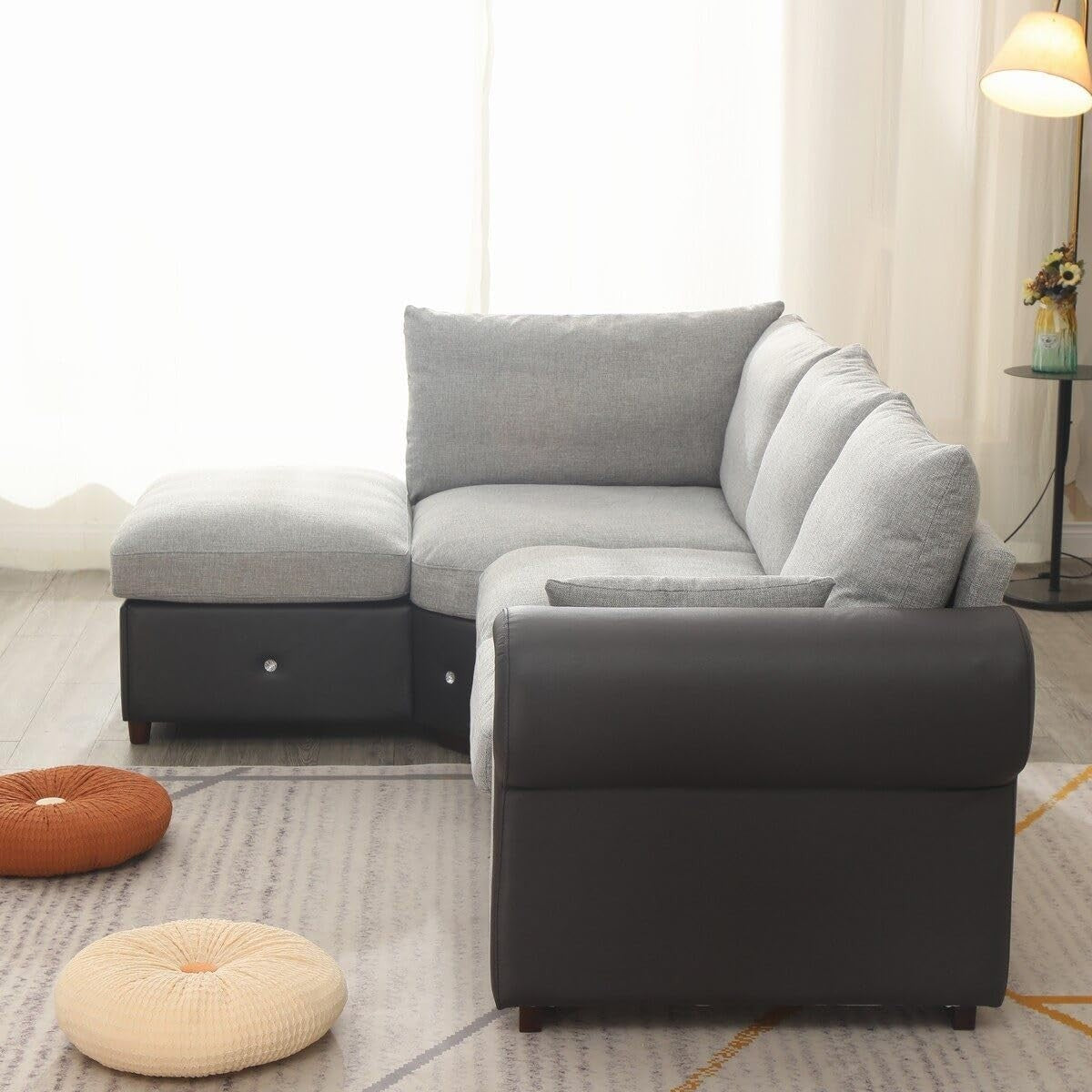 4 Seater Corner Sofa with USB Port & Chaise – Faux Leather Linen, Sturdy Frame