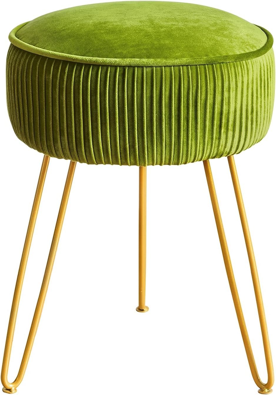 Matcha Green Pleated Velvet Vanity Stool Round Ottoman with Metal Legs