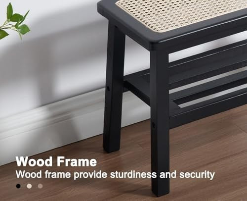 Black Mid-Century Rattan Dining Bench Ottoman with Storage Seat