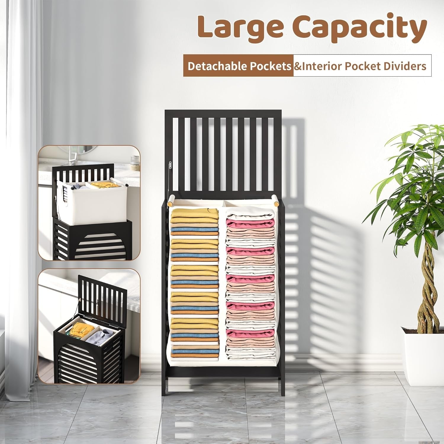 85L Black Bamboo Laundry Hamper with Lid Large Laundry Basket Removable Liner