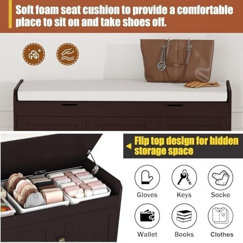 Espresso Shoe Storage Bench with Cushion Seat 3-Door Cabinet, Hidden Compartment