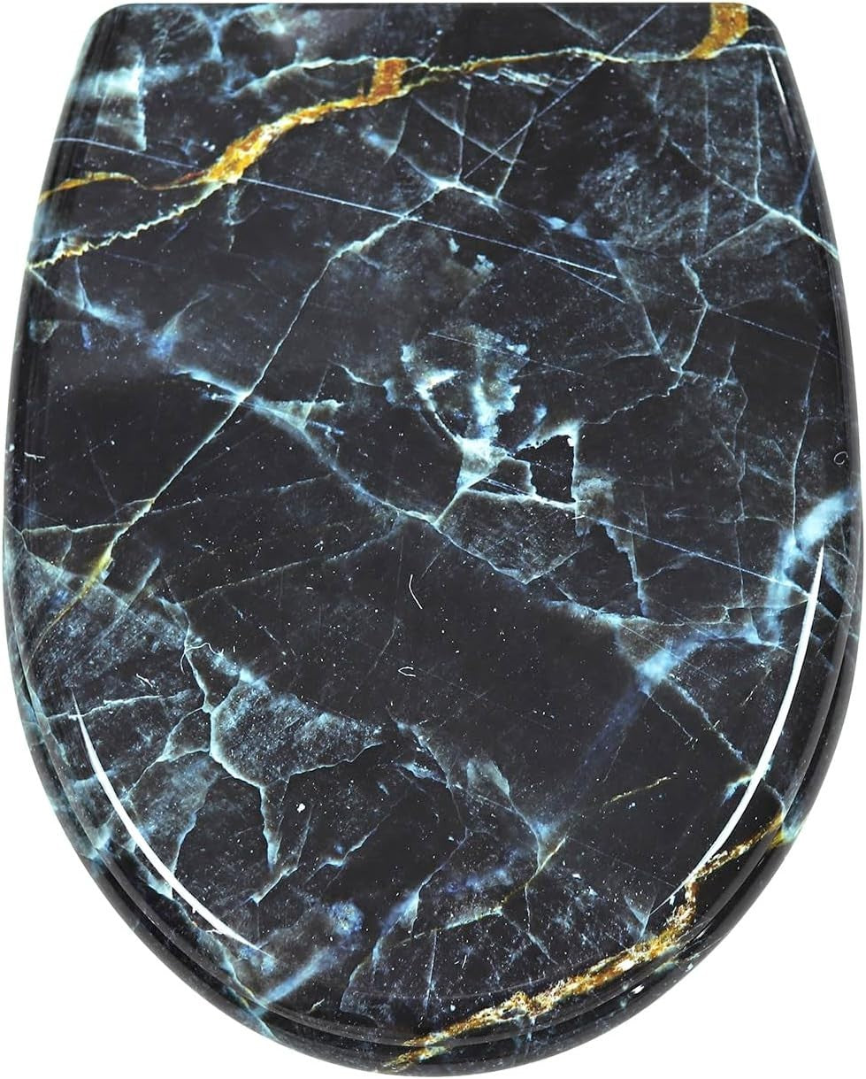 Soft Close Black Marble Toilet Seat Quick Release Top Fixing 45x37cm