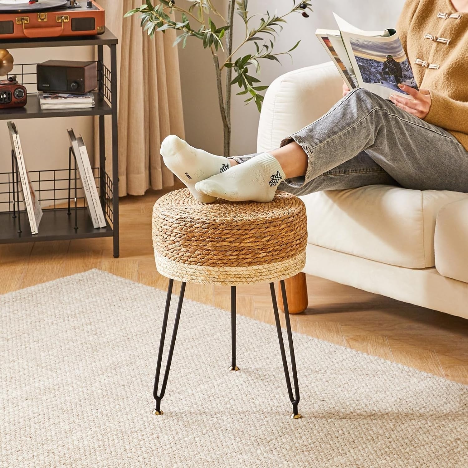 Natural & White Seagrass Footstool Round Woven Pastoral Stool 32×32×45cm