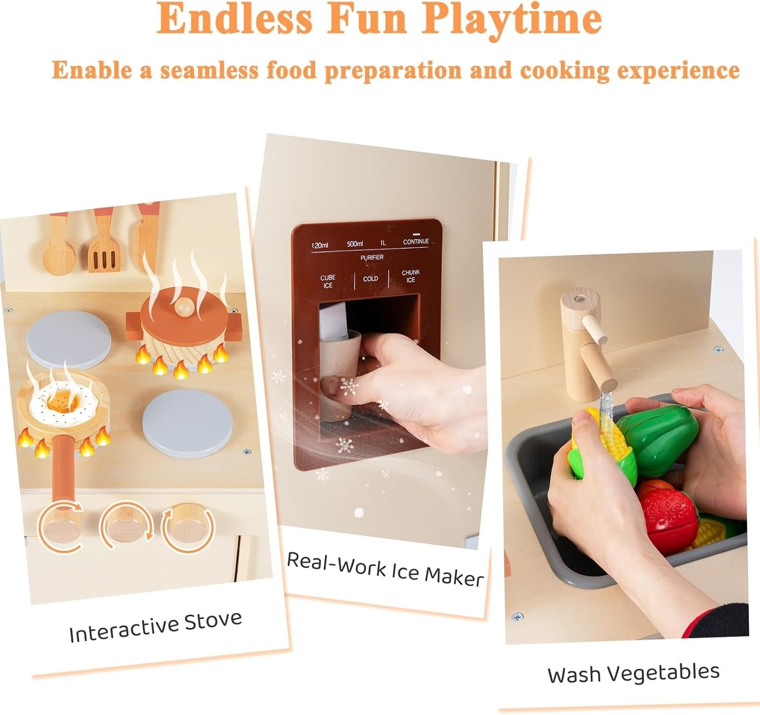 Wooden Kids Play Kitchen Yellow w/ Ice Maker Sink Accessories Set