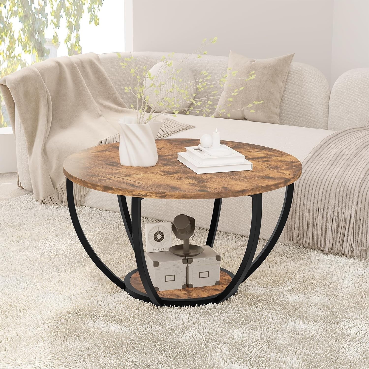 28" Round 2-Tier Coffee Table with Storage Shelves, Wood Top & Metal Frame Brown