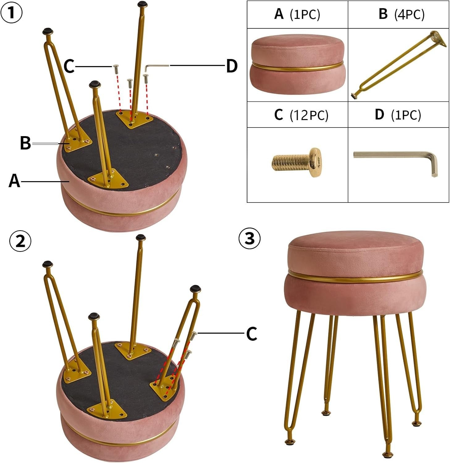 Pink Velvet Round Footstool Ottoman with Gold Legs – Modern Vanity Stool