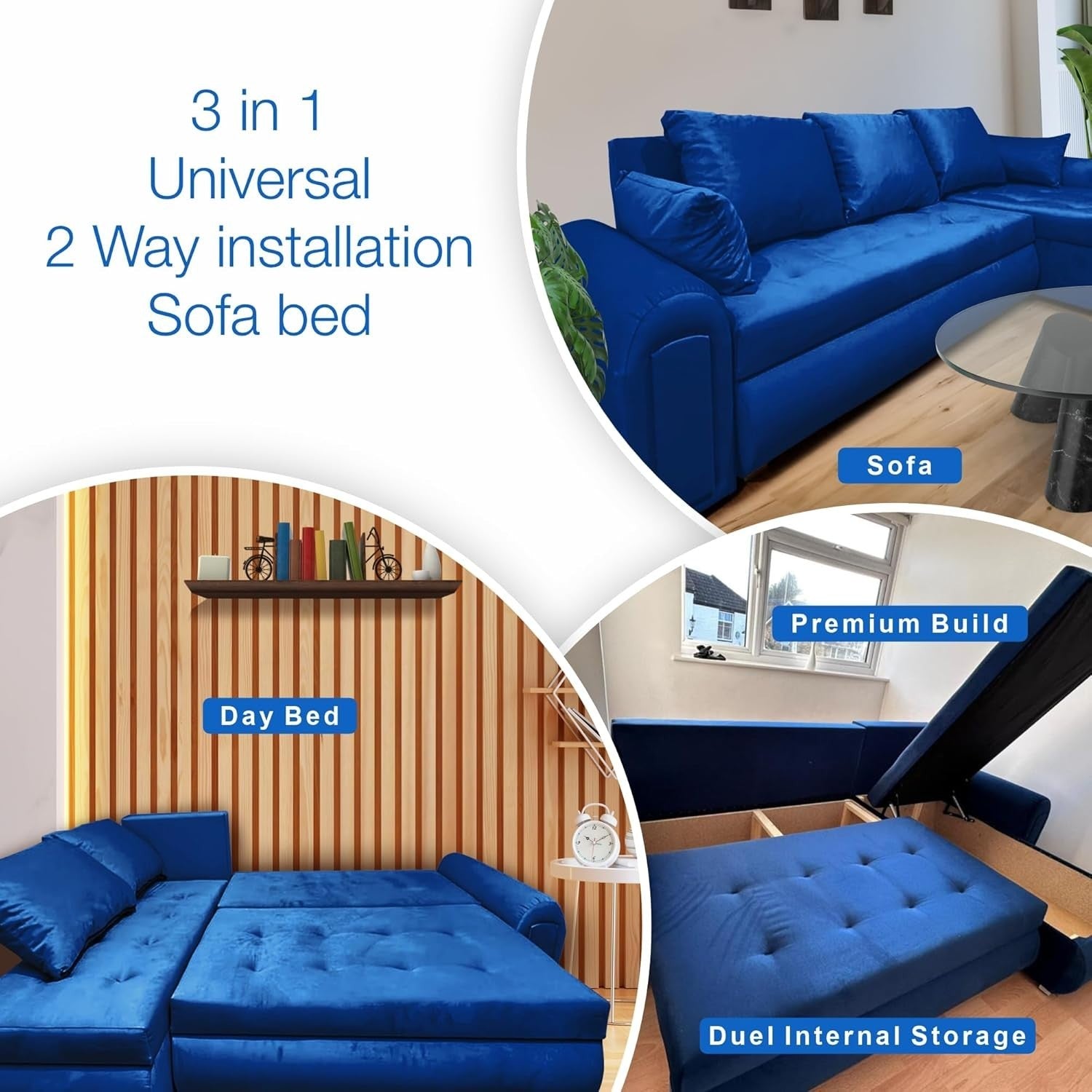 Blue Velvet L-Shape Sofa Bed with Storage & Reversible Chaise – 4 Seater