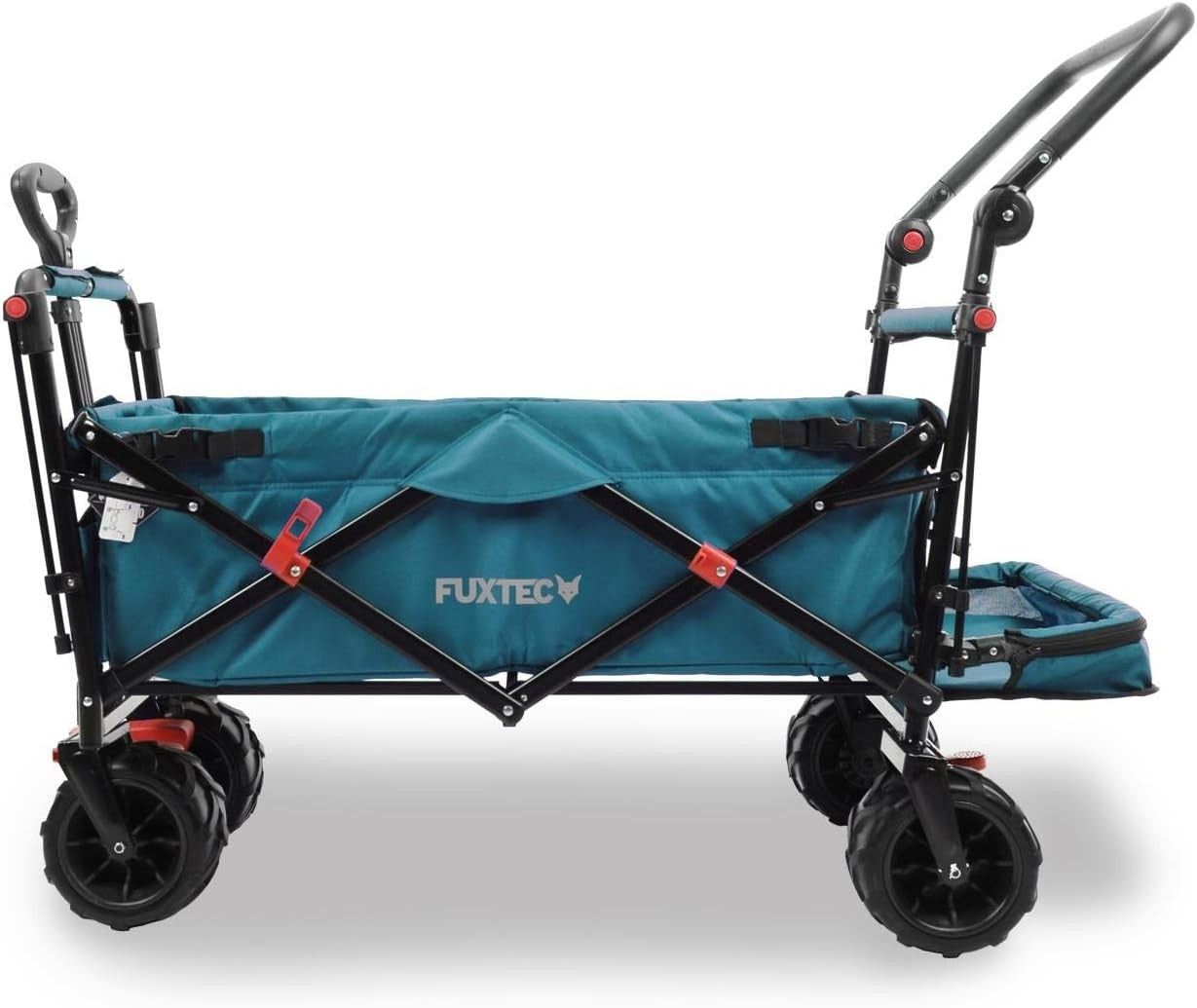 Blue Beach Wagon Foldable Cart w/ Roof Extra-Wide Wheels Push Handle & Brake