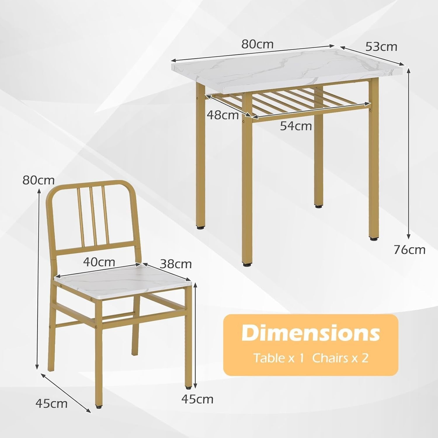 3 Piece Space-Saving Dining Table Set with Storage Rack & Gold Metal Legs
