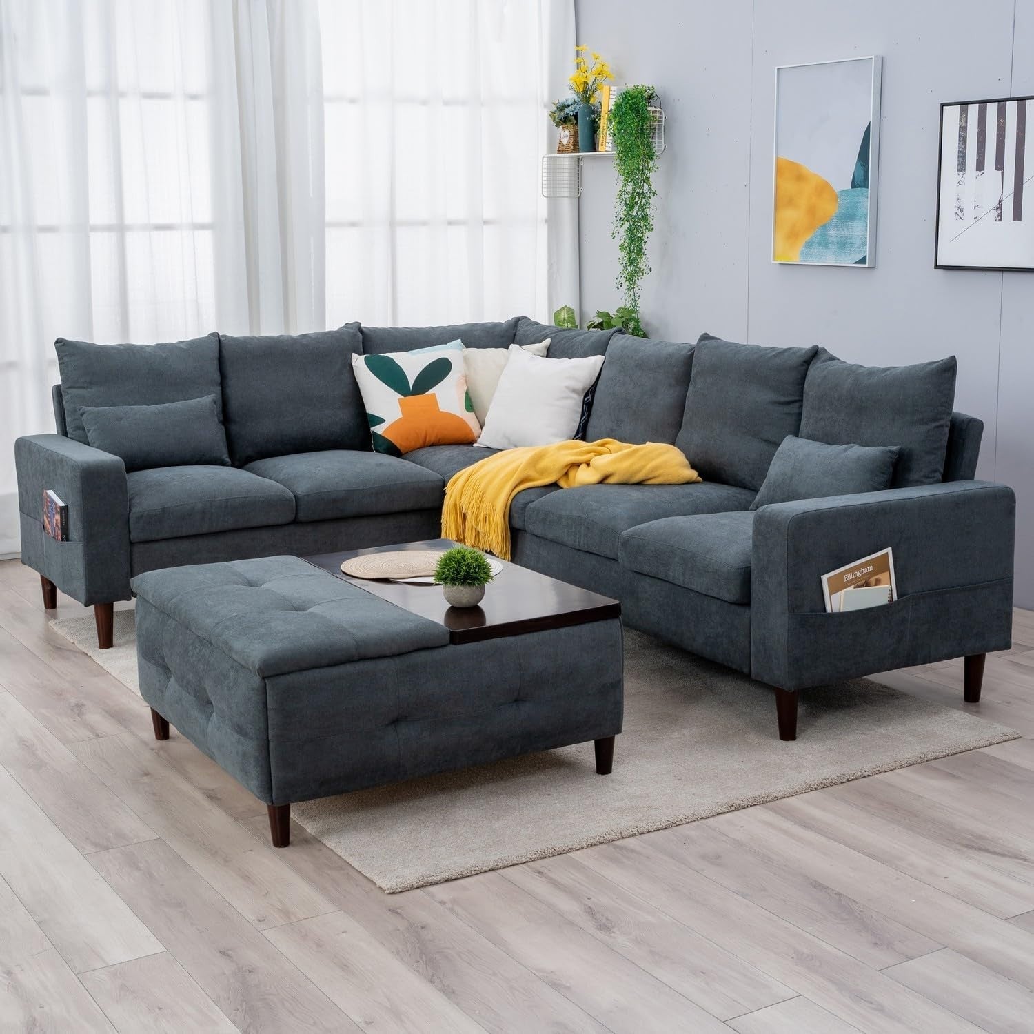 6 Seater L Shape Corner Sofa Set Grey Linen Fabric Modern Family Couch