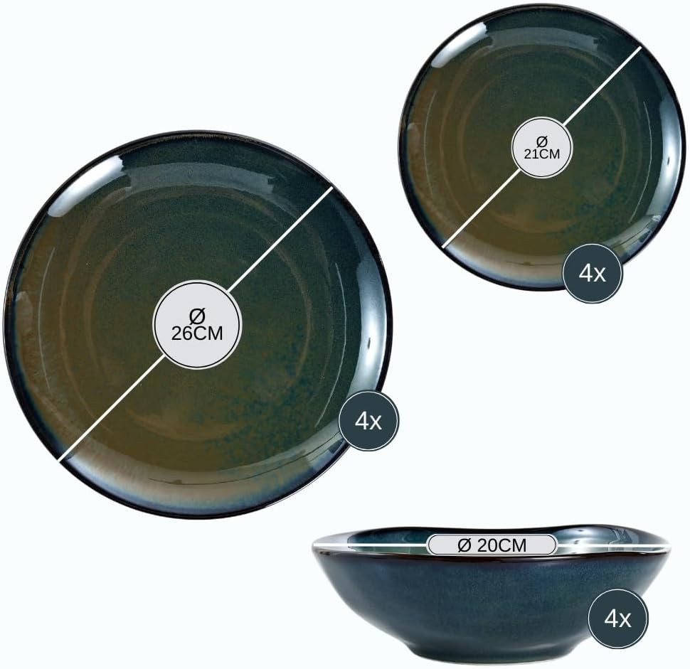 Mediterranean Ceramic Dinnerware Set 12 Piece Blue Green Gold Plates Bowls