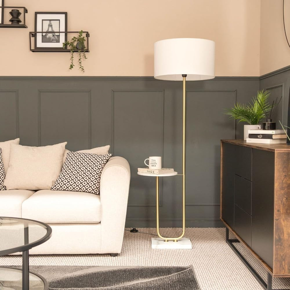 Modern Gold Floor Lamp with White Shade & Shelf | E27 Bulb Included 152cm