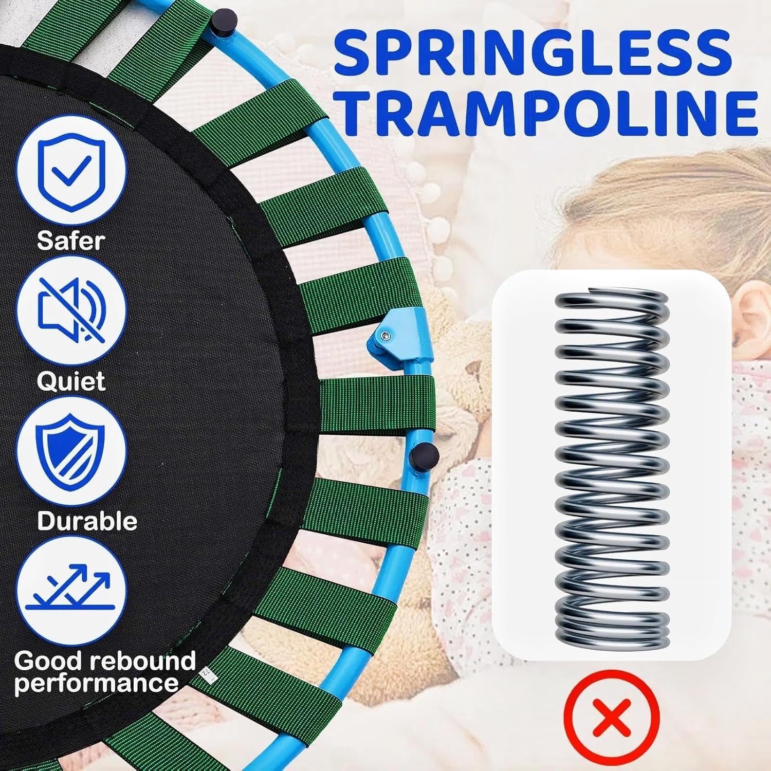 36'' Kids Mini Trampoline Adjustable Handle Foldable Quiet Indoor Outdoor