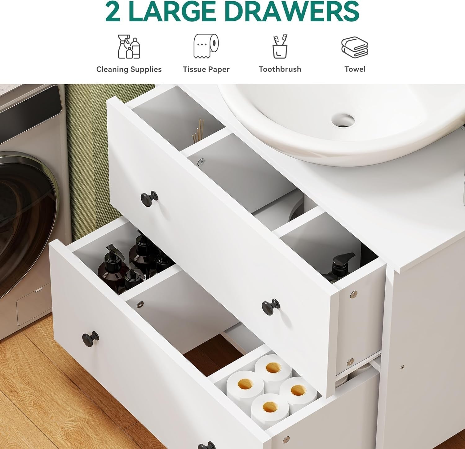 Under Sink Bathroom Cabinet White – 2 Drawer Storage Unit for Compact Bathrooms