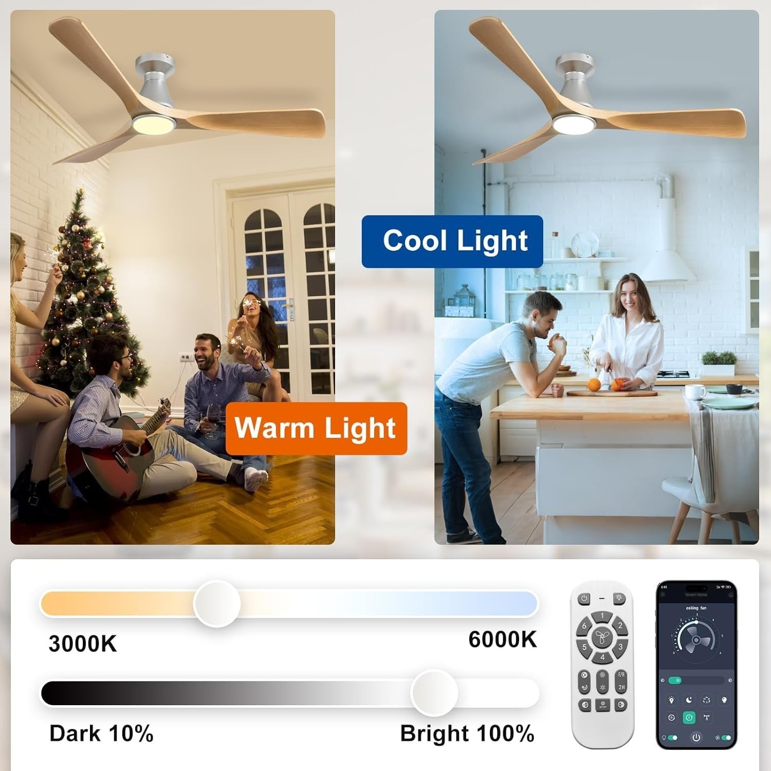 52" Ceiling Fan Light, 3-Blade Grainy Wood LED, Quiet Reversible DC