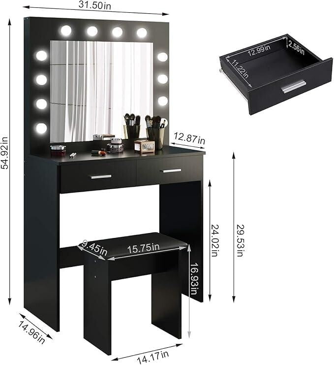 Hollywood LED Vanity Dressing Table Set w/ Mirror, Drawers & Stool Black
