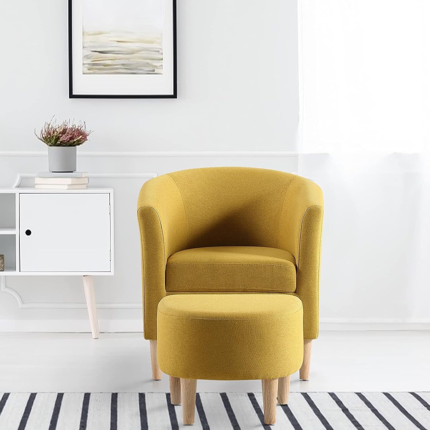 Accent Armchair & Ottoman Set Yellow Fabric Tub Chair