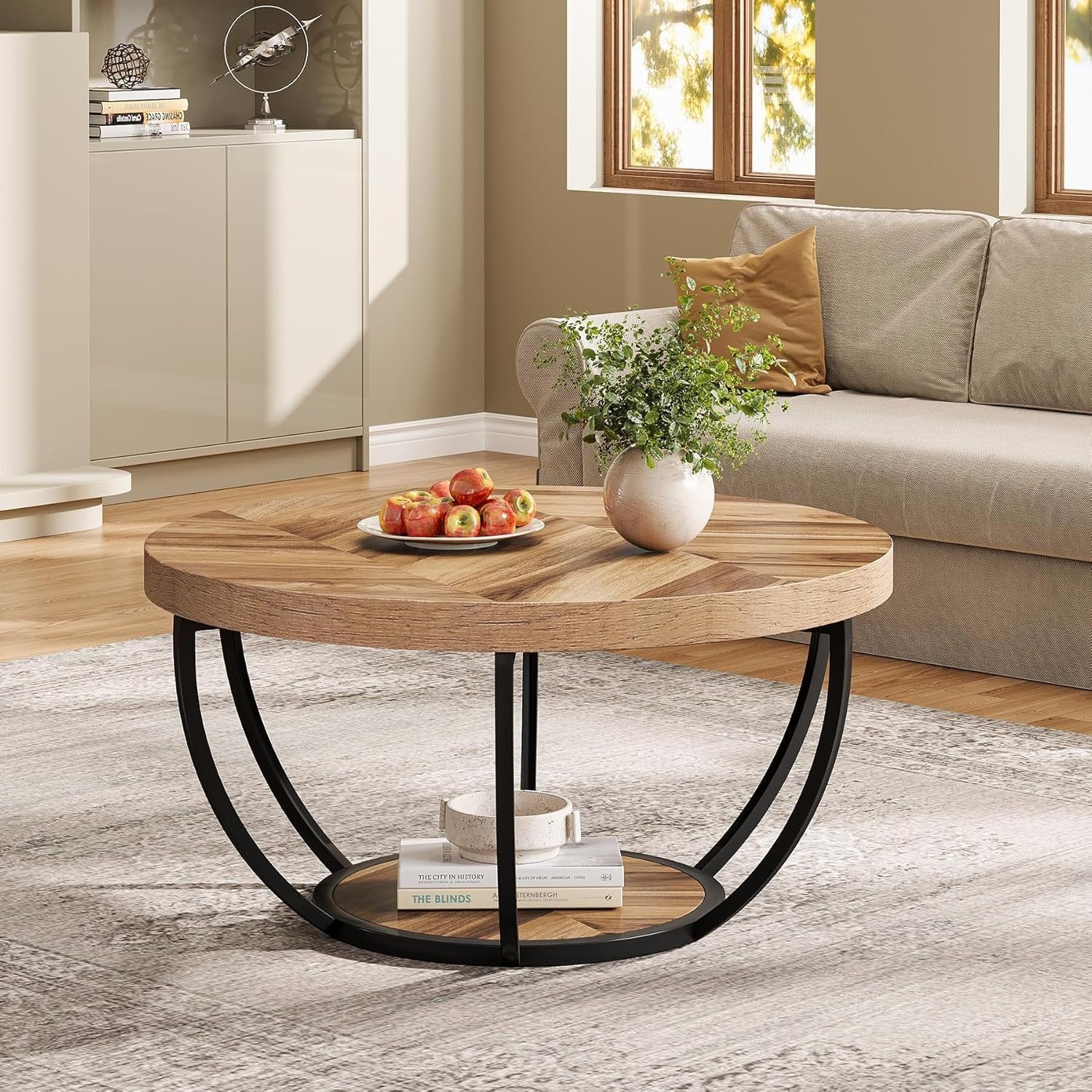 Round 2-Tier Coffee Table with Storage Shelves, Wooden Grain, 80x45cm