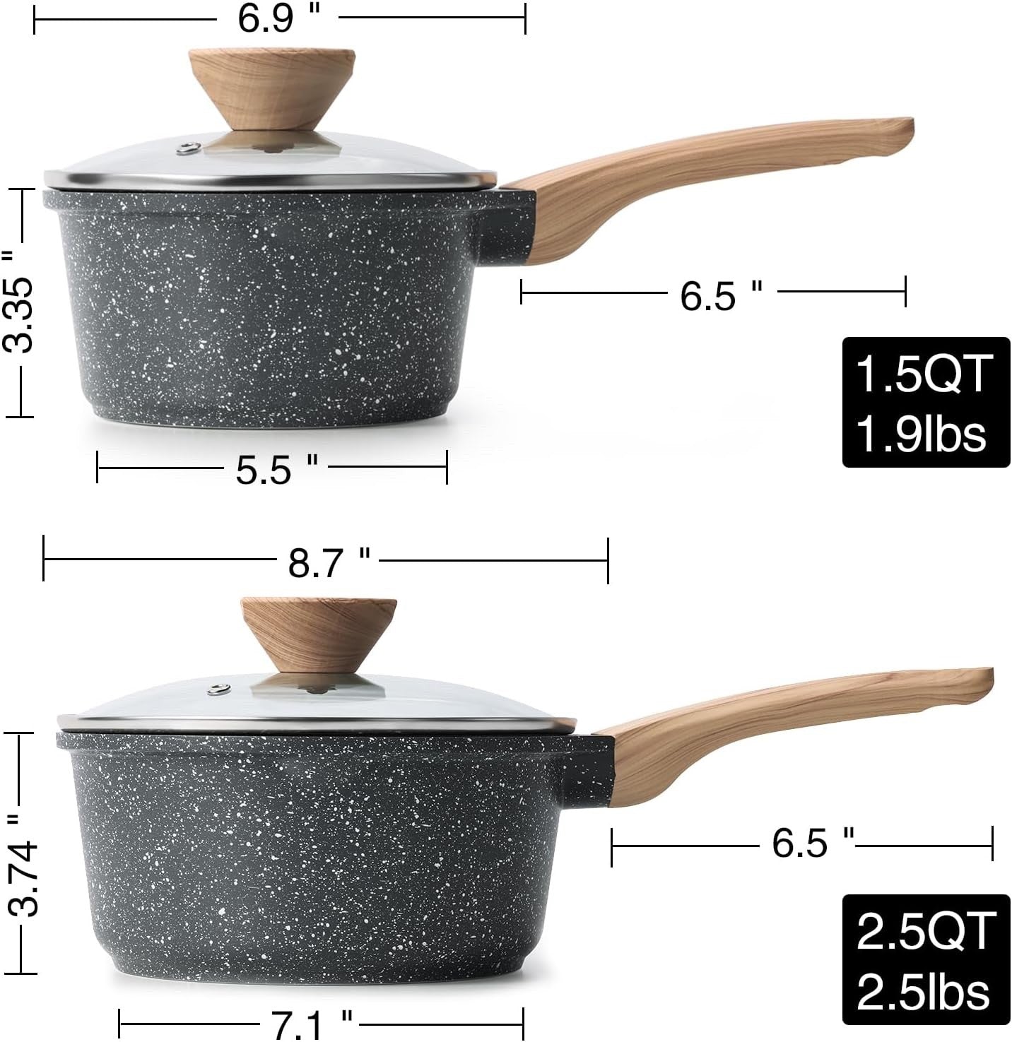 2Pcs Granite Non Stick Saucepan Set with Lids, 16cm & 20cm, Induction Compatible