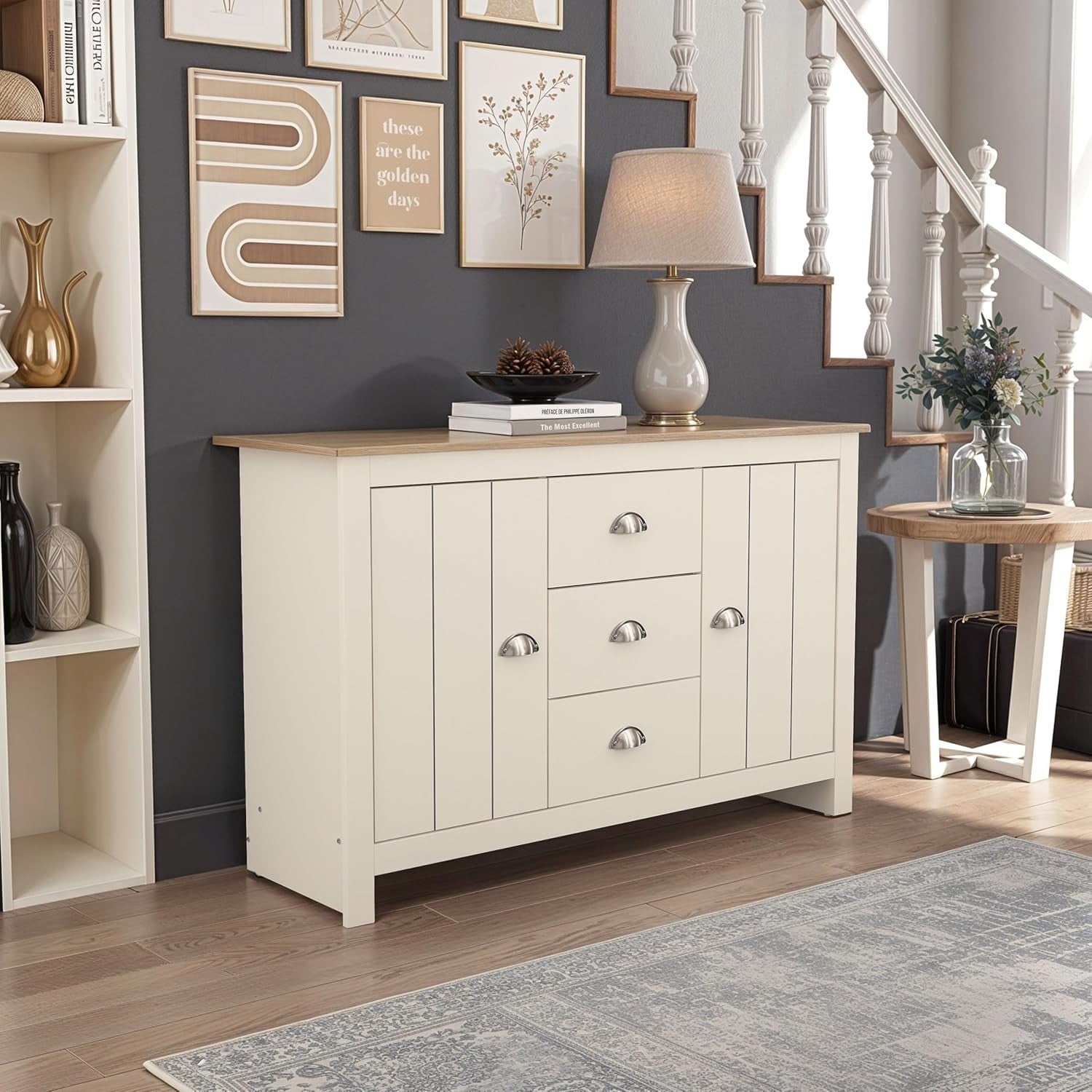 Modern Storage Sideboard Cabinet 2 Doors 3 Drawers Ivory Oak Finish