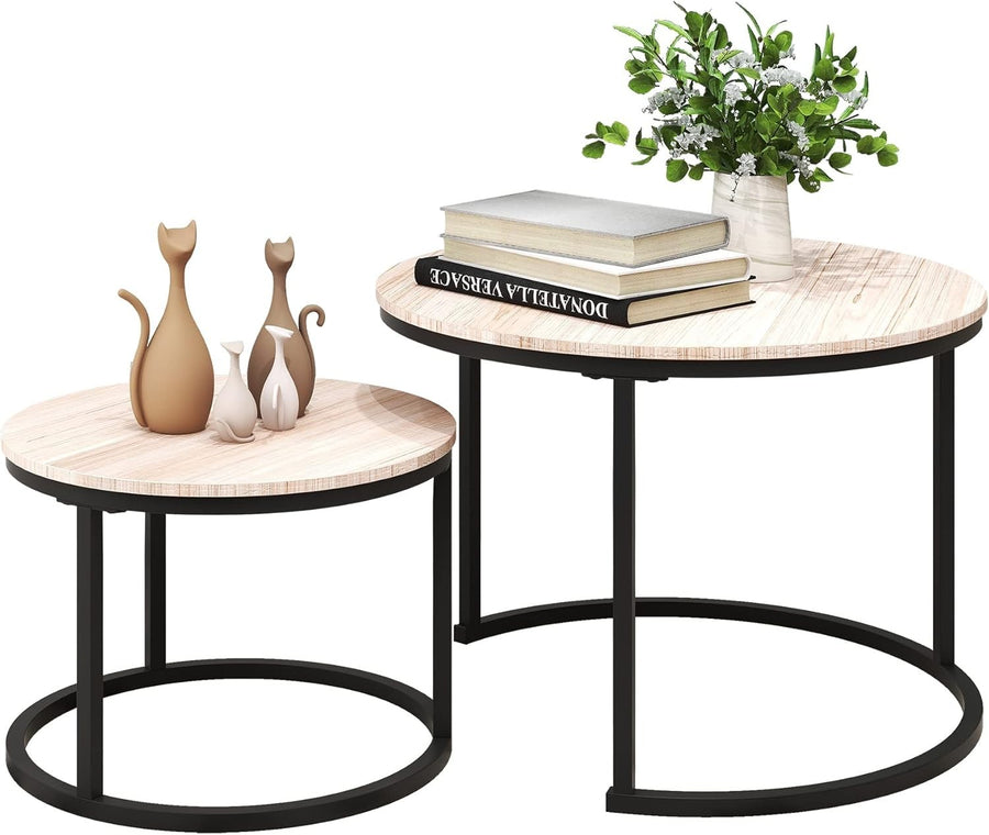White Oak Nesting Coffee Tables Set of 2 – Round Space-Saving Side Tables