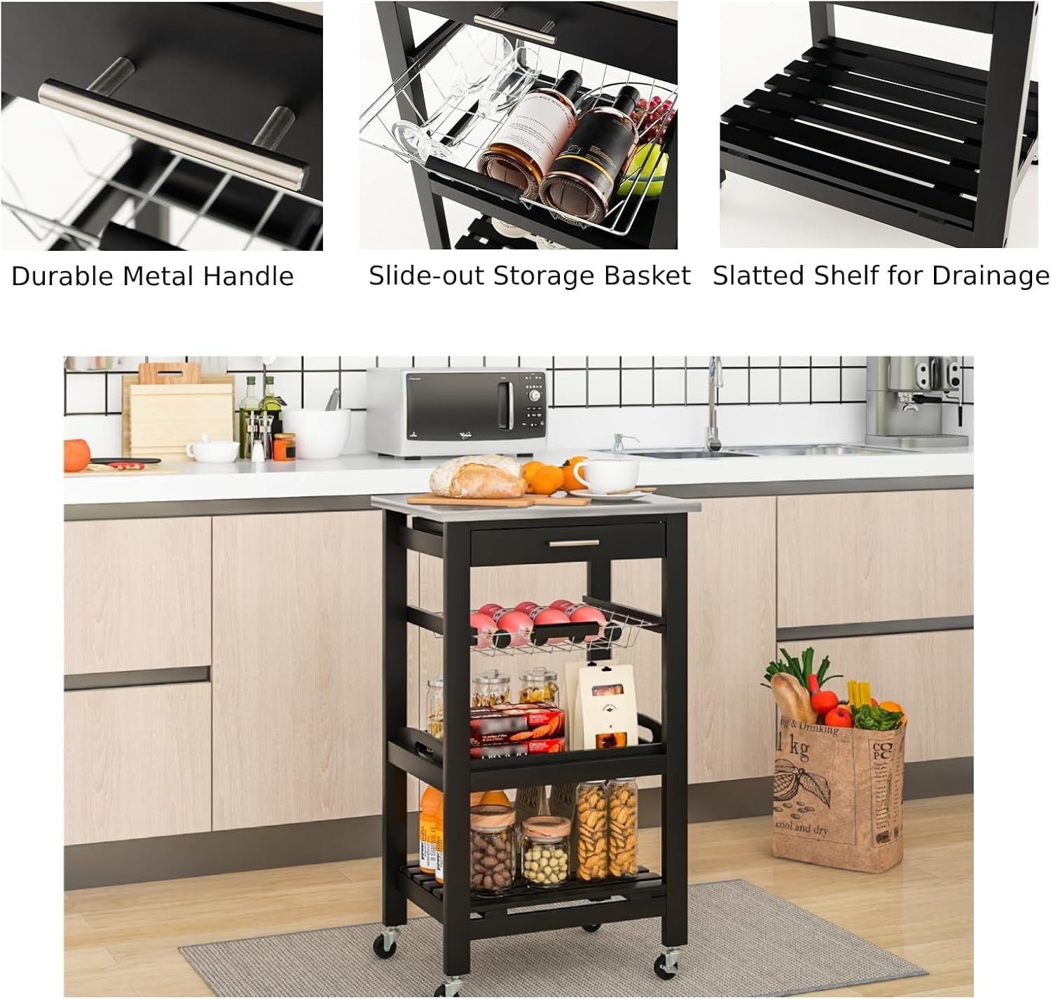 4 Tier Kitchen Trolley Stainless Steel Top Cart Black
